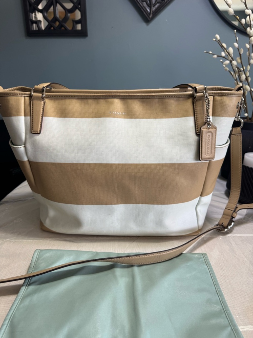 COACH Tan and White Striped Tote diaper Bag